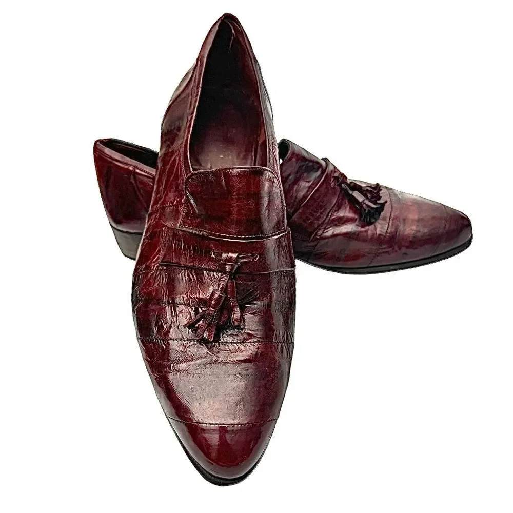 Vintage Saffron Burgundy Eel Skin Tassel Loafers Men’s Size 10M Dress Shoes